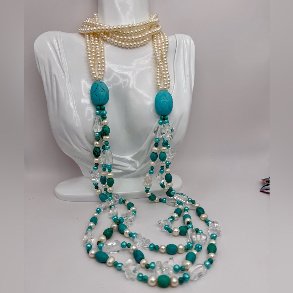 Genuine Pearl Necklace Turquoise Multi-Strand Bead Quartz Chip & Pearl Necklace